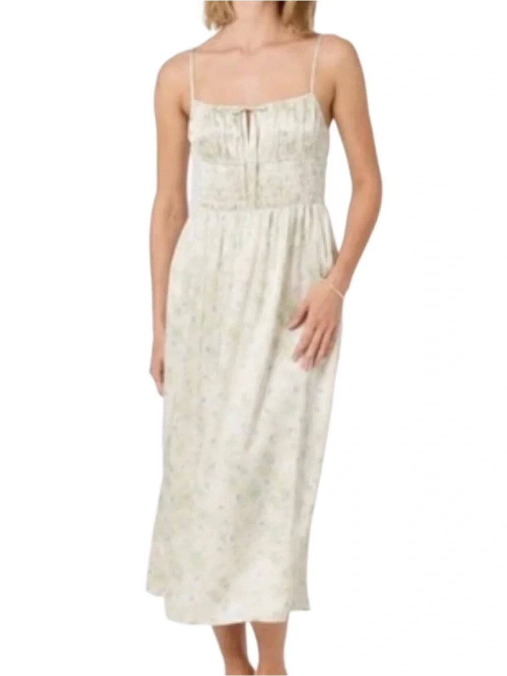 NWT ASTR the Label silky milkmaid smocked ditzy cream blue floral midi dress XS